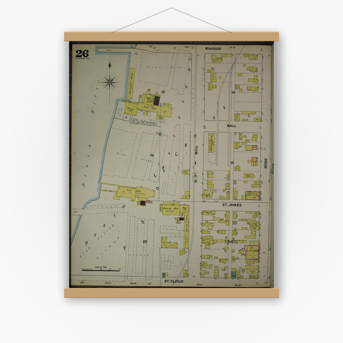Old map wall art mockup — magnetic wood frame on white wall — Sanborn Fire Insurance Map from La Crosse, La Crosse County, Wisconsin (1891), Sheet #0026
