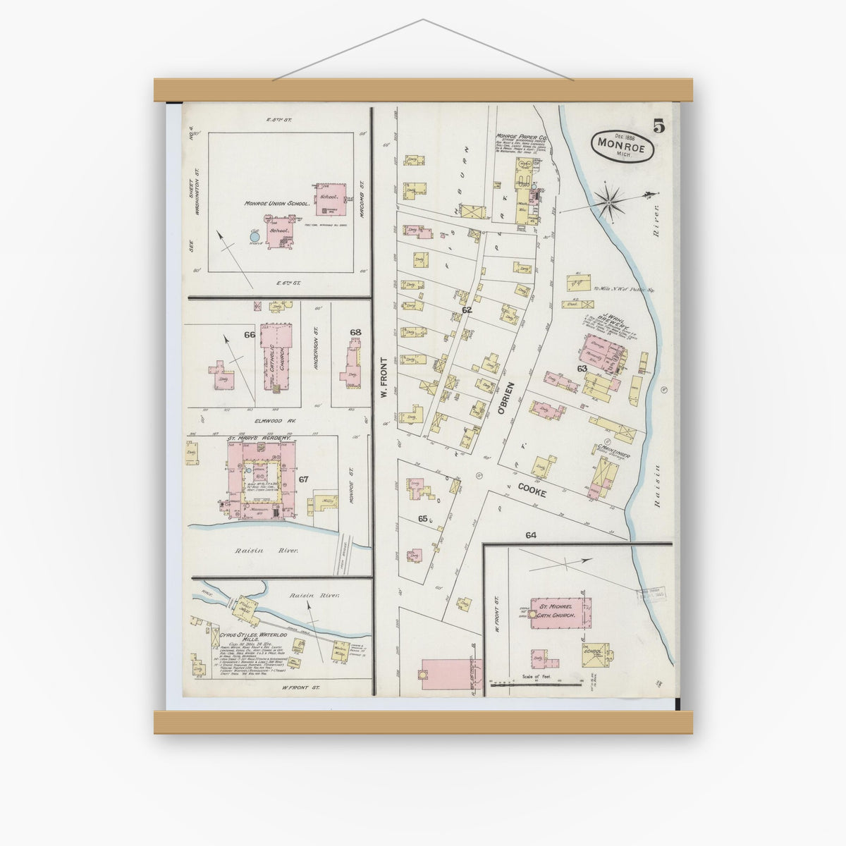Old map wall art mockup — magnetic wood frame on white wall — Sanborn Fire Insurance Map from Monroe, Monroe County, Michigan (1888), Sheet #0005