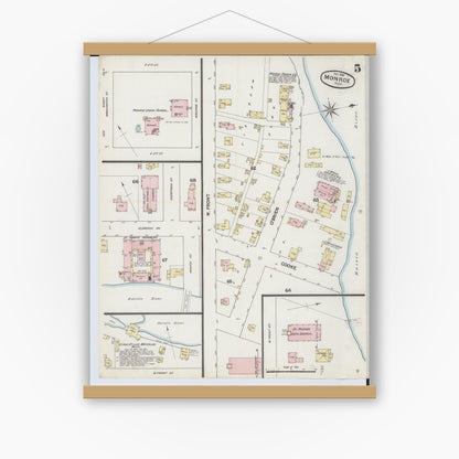 Old map wall art mockup — magnetic wood frame on white wall — Sanborn Fire Insurance Map from Monroe, Monroe County, Michigan (1888), Sheet #0005