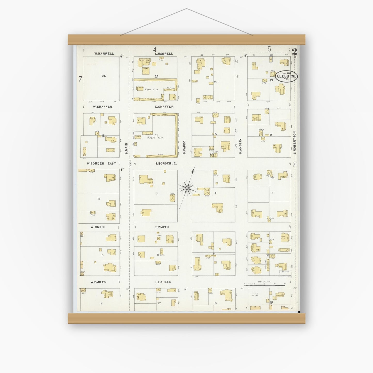 Old map wall art mockup — magnetic wood frame on white wall — Sanborn Fire Insurance Map from Cleburne, Johnson County, Texas (1898), Sheet #0002