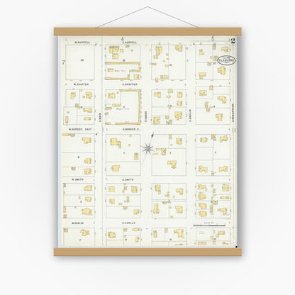 Old map wall art mockup — magnetic wood frame on white wall — Sanborn Fire Insurance Map from Cleburne, Johnson County, Texas (1898), Sheet #0002