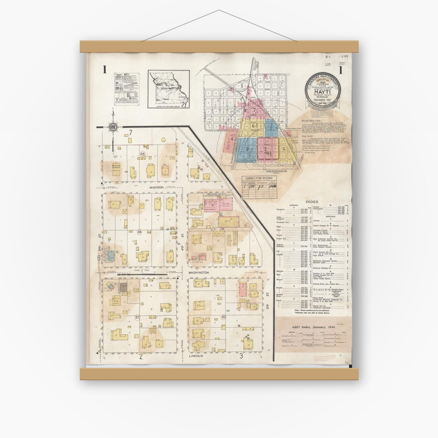 Old map wall art mockup — magnetic wood frame on white wall — Sanborn Fire Insurance Map from Hayti, Pemiscot County, Missouri (1944) - Complete Map Set