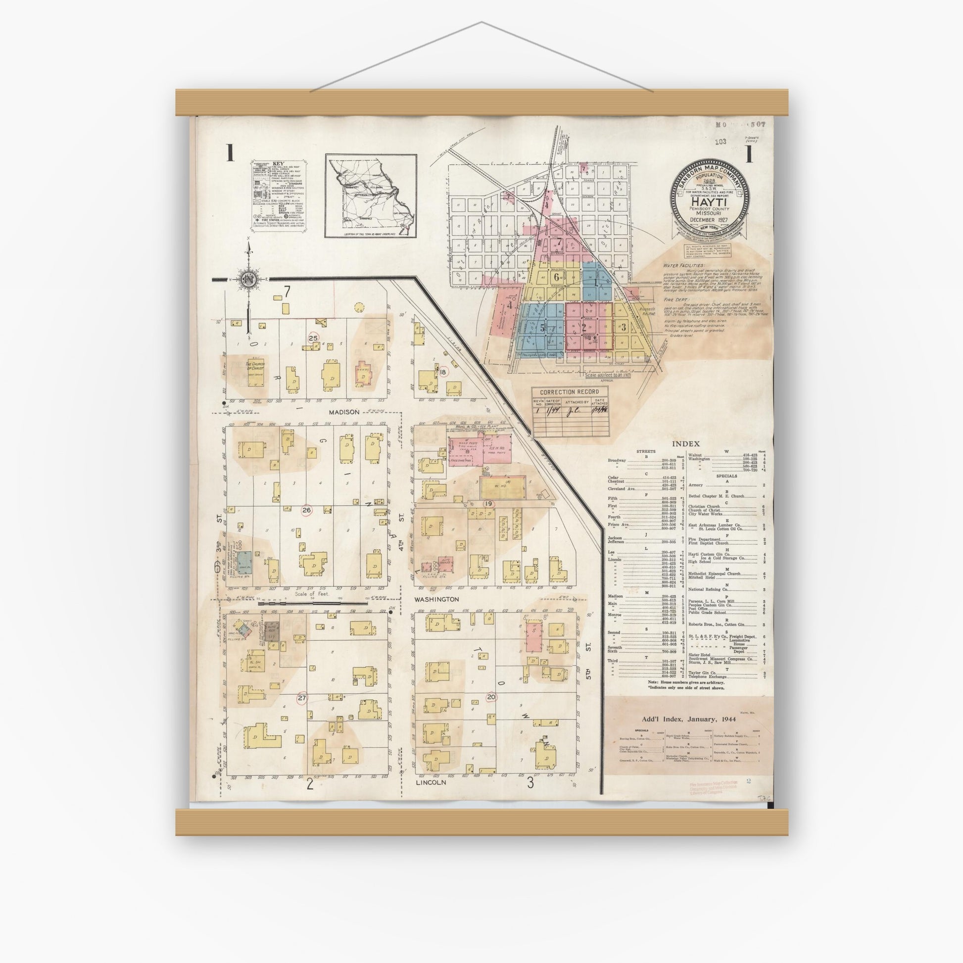 Old map wall art mockup — magnetic wood frame on white wall — Sanborn Fire Insurance Map from Hayti, Pemiscot County, Missouri (1944) - Complete Map Set