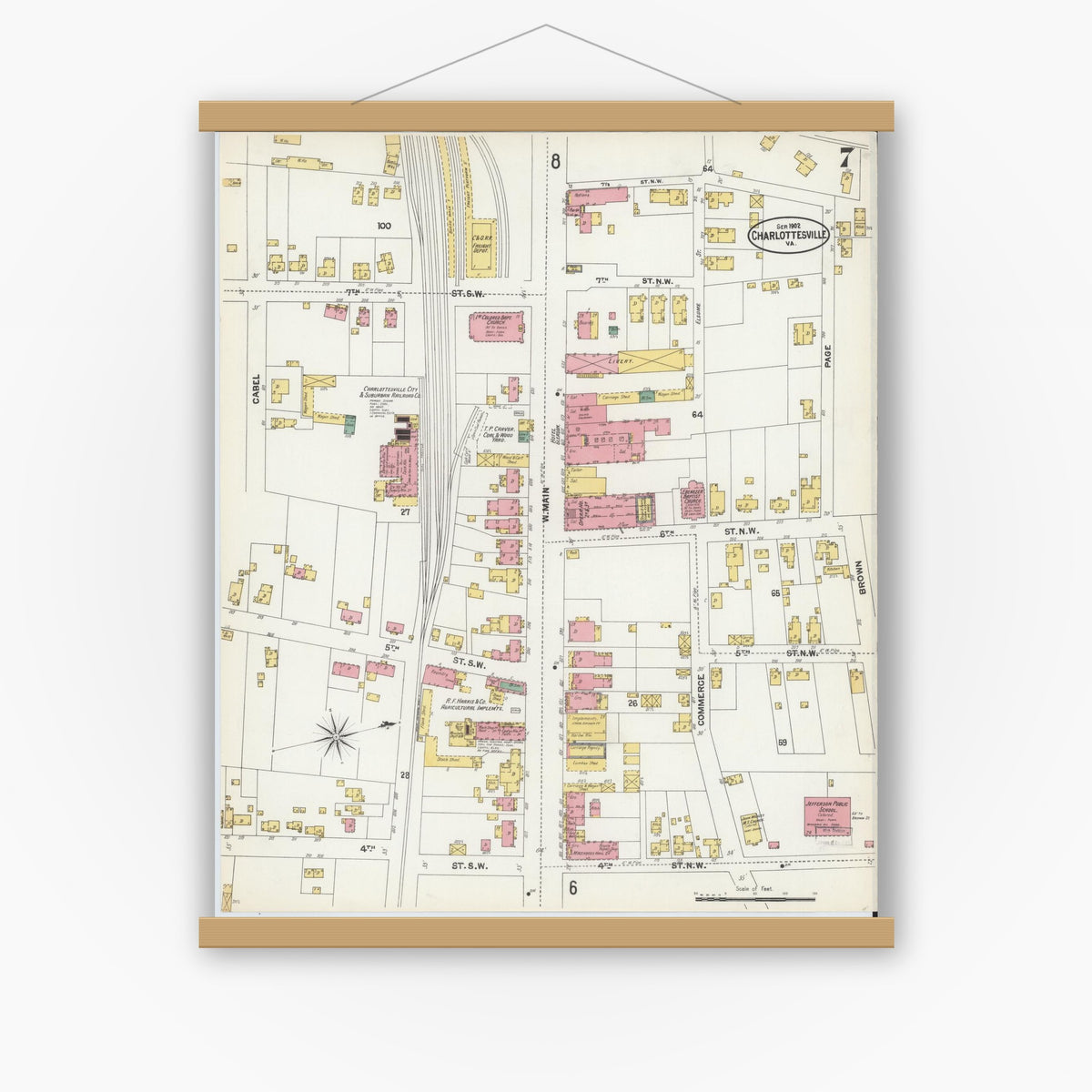 Old map wall art mockup — magnetic wood frame on white wall — Sanborn Fire Insurance Map from Charlottesville, Independent Cities, Virginia (1902), Sheet #0007