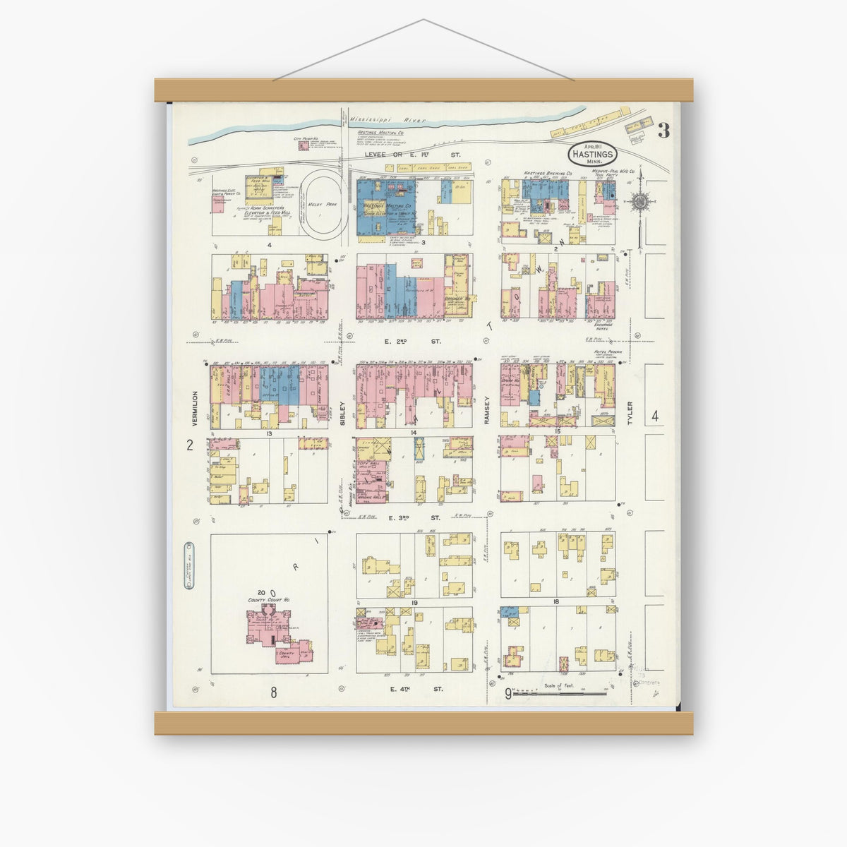 Old map wall art mockup — magnetic wood frame on white wall — Sanborn Fire Insurance Map from Hastings, Dakota County, Minnesota (1911), Sheet #0003
