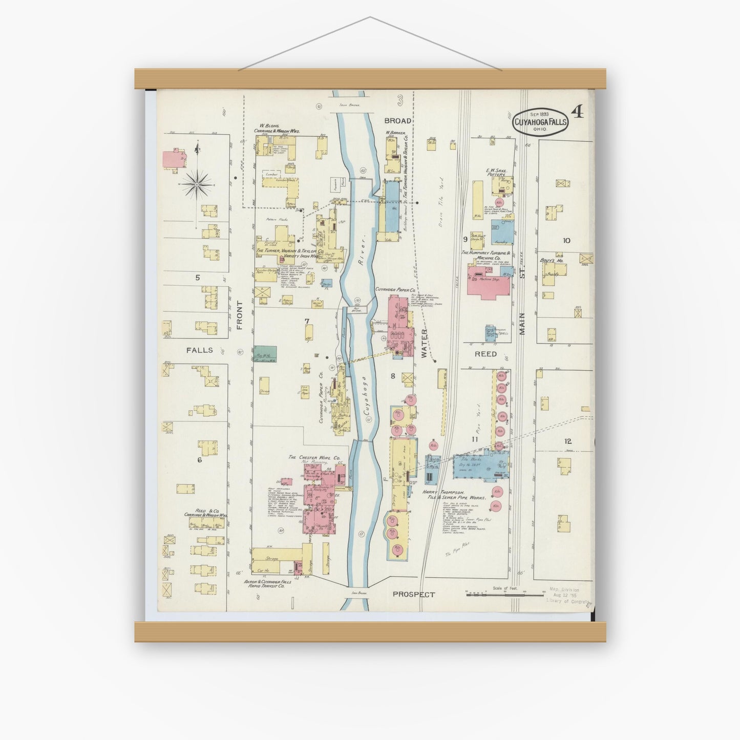 Old map wall art mockup — magnetic wood frame on white wall — Sanborn Fire Insurance Map from Cuyahoga Falls, Summit County, Ohio (1893), Sheet #0004