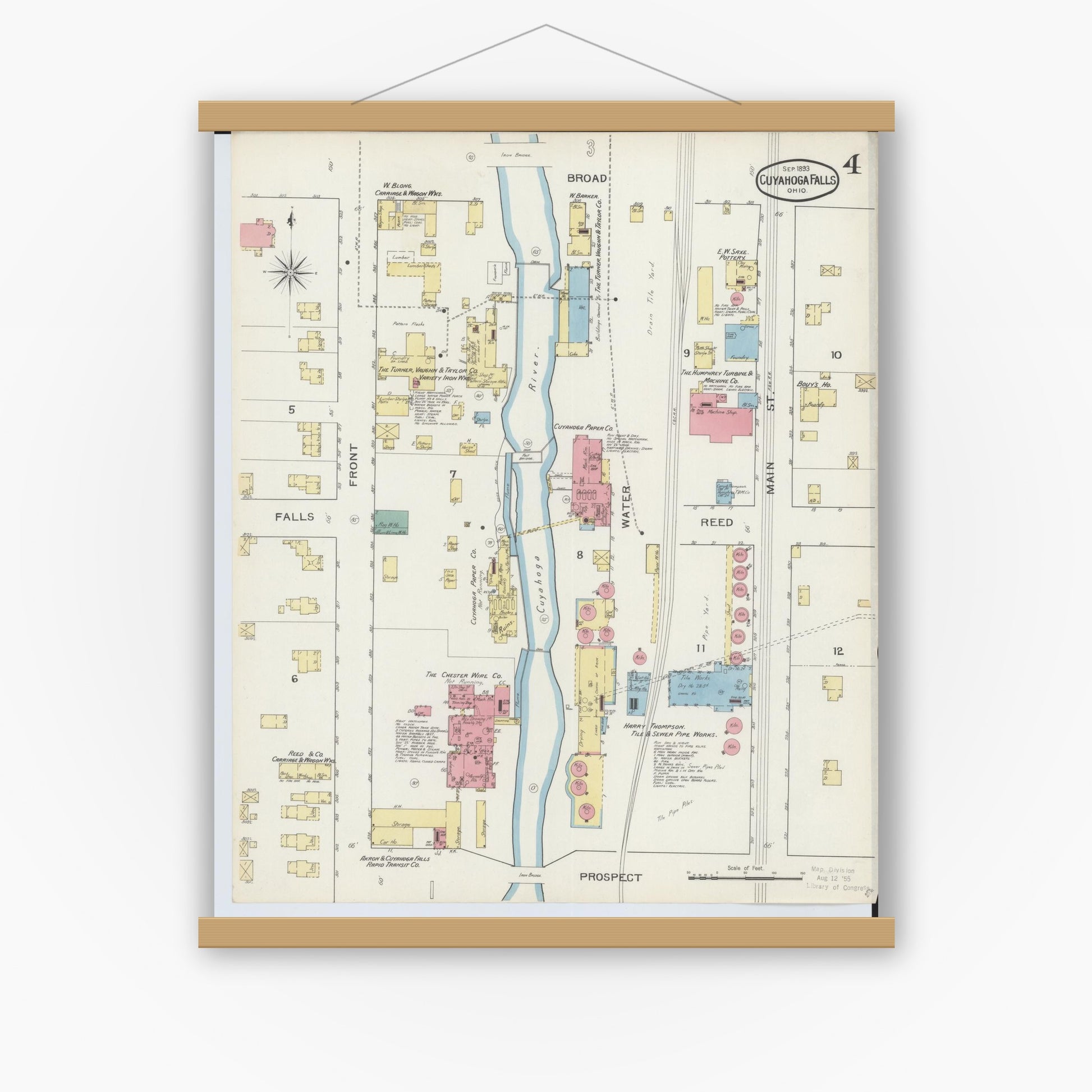 Old map wall art mockup — magnetic wood frame on white wall — Sanborn Fire Insurance Map from Cuyahoga Falls, Summit County, Ohio (1893), Sheet #0004