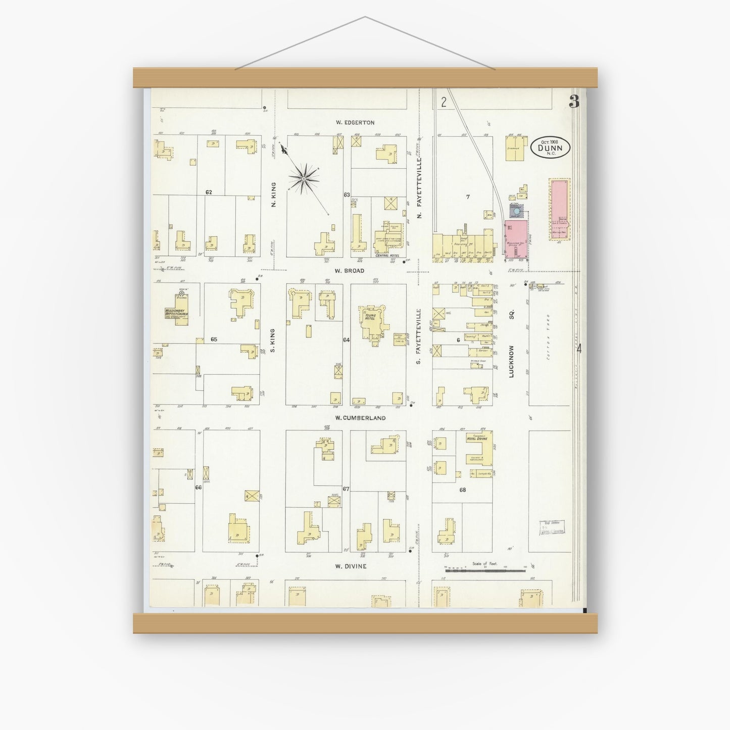 Old map wall art mockup — magnetic wood frame on white wall — Sanborn Fire Insurance Map from Dunn, Harnett County, North Carolina (1908), Sheet #0003