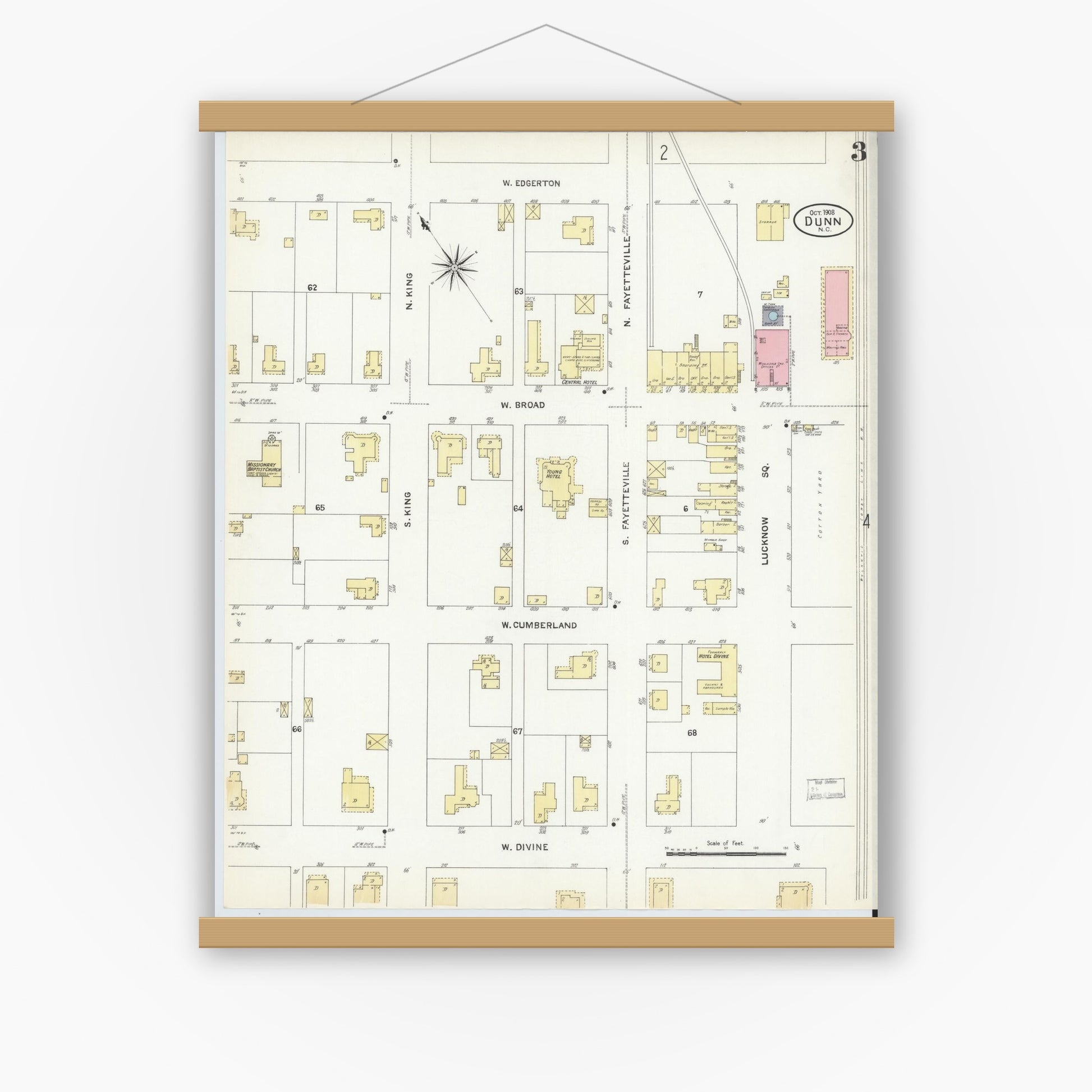 Old map wall art mockup — magnetic wood frame on white wall — Sanborn Fire Insurance Map from Dunn, Harnett County, North Carolina (1908), Sheet #0003