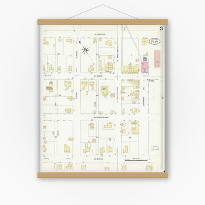 Old map wall art mockup — magnetic wood frame on white wall — Sanborn Fire Insurance Map from Dunn, Harnett County, North Carolina (1908), Sheet #0003