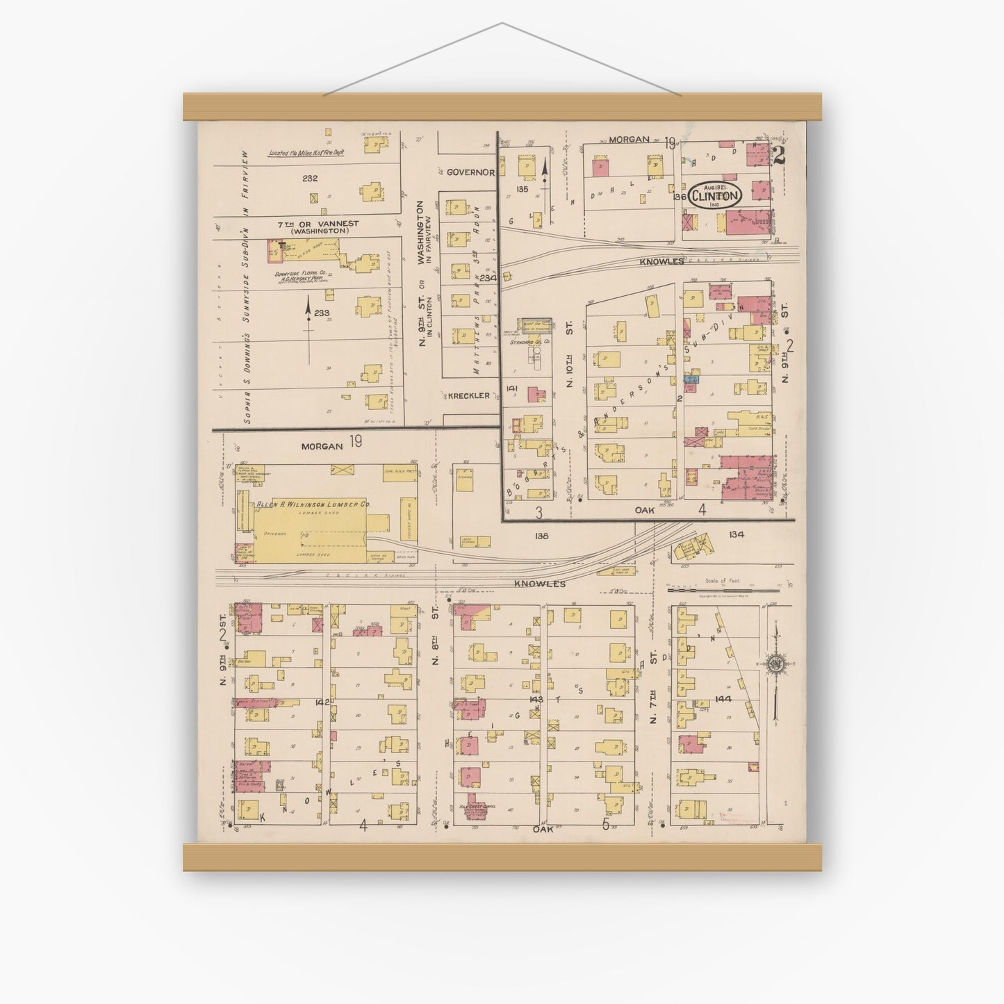 Old map wall art mockup — magnetic wood frame on white wall — Sanborn Fire Insurance Map from Clinton, Vermillion County, Indiana (1921), Sheet #0002