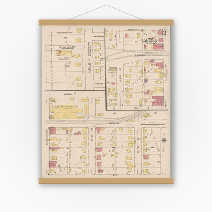Old map wall art mockup — magnetic wood frame on white wall — Sanborn Fire Insurance Map from Clinton, Vermillion County, Indiana (1921), Sheet #0002