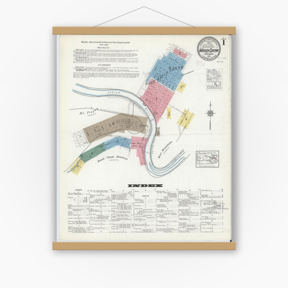 Old map wall art mockup — magnetic wood frame on white wall — Sanborn Fire Insurance Map from Mauch Chunk, Carbon County, Pennsylvania (1915), Sheet #0001