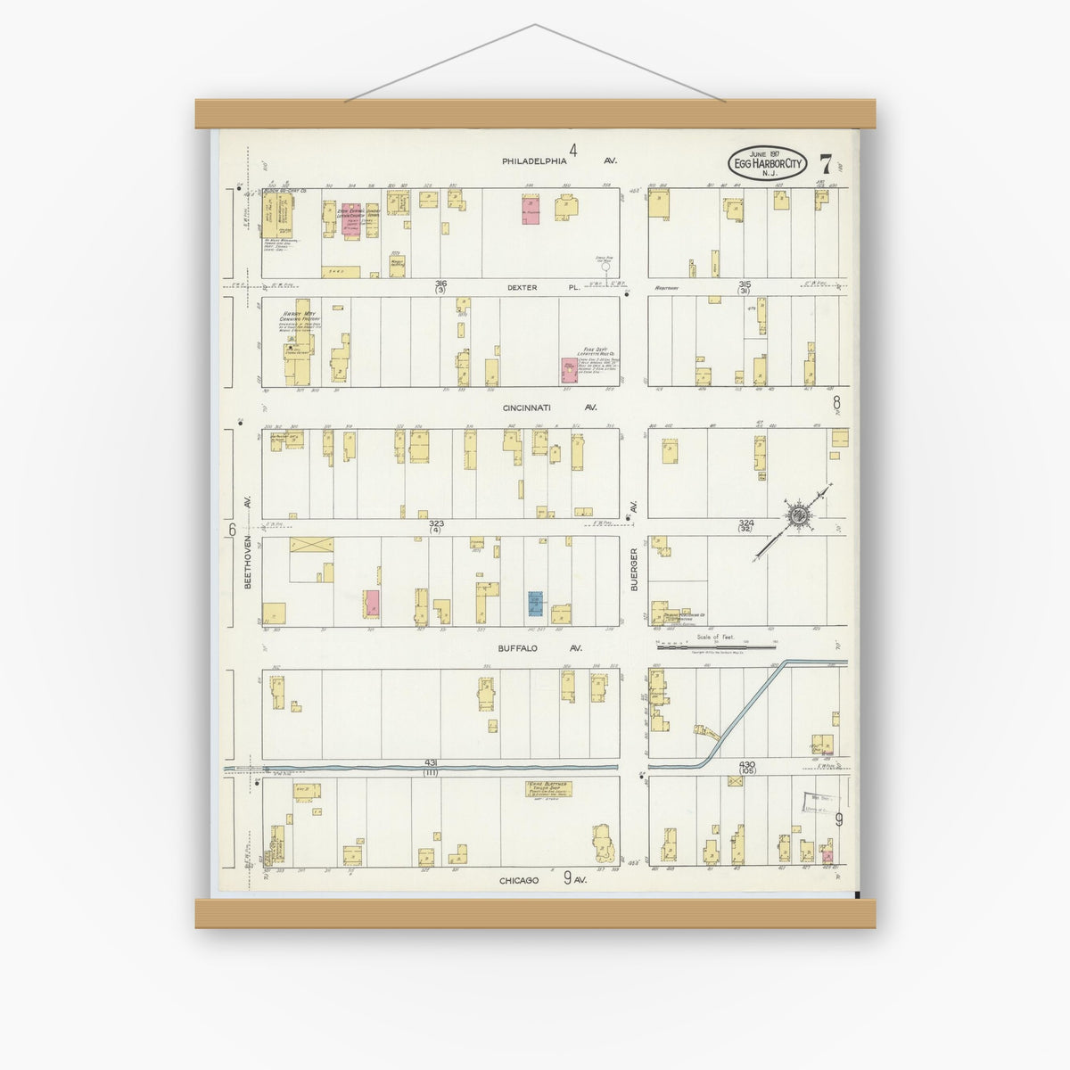 Old map wall art mockup — magnetic wood frame on white wall — Sanborn Fire Insurance Map from Egg Harbor City, Atlantic County, New Jersey (1917), Sheet #0007
