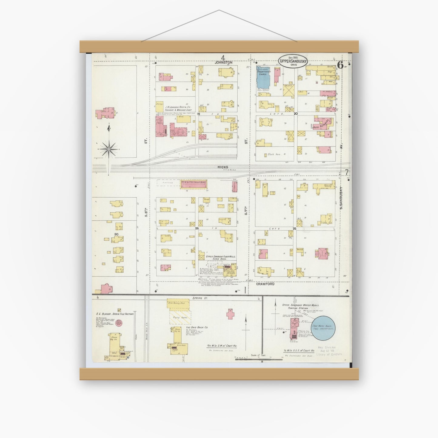 Old map wall art mockup — magnetic wood frame on white wall — Sanborn Fire Insurance Map from Upper Sandusky, Wyandot County, Ohio (1902), Sheet #0006