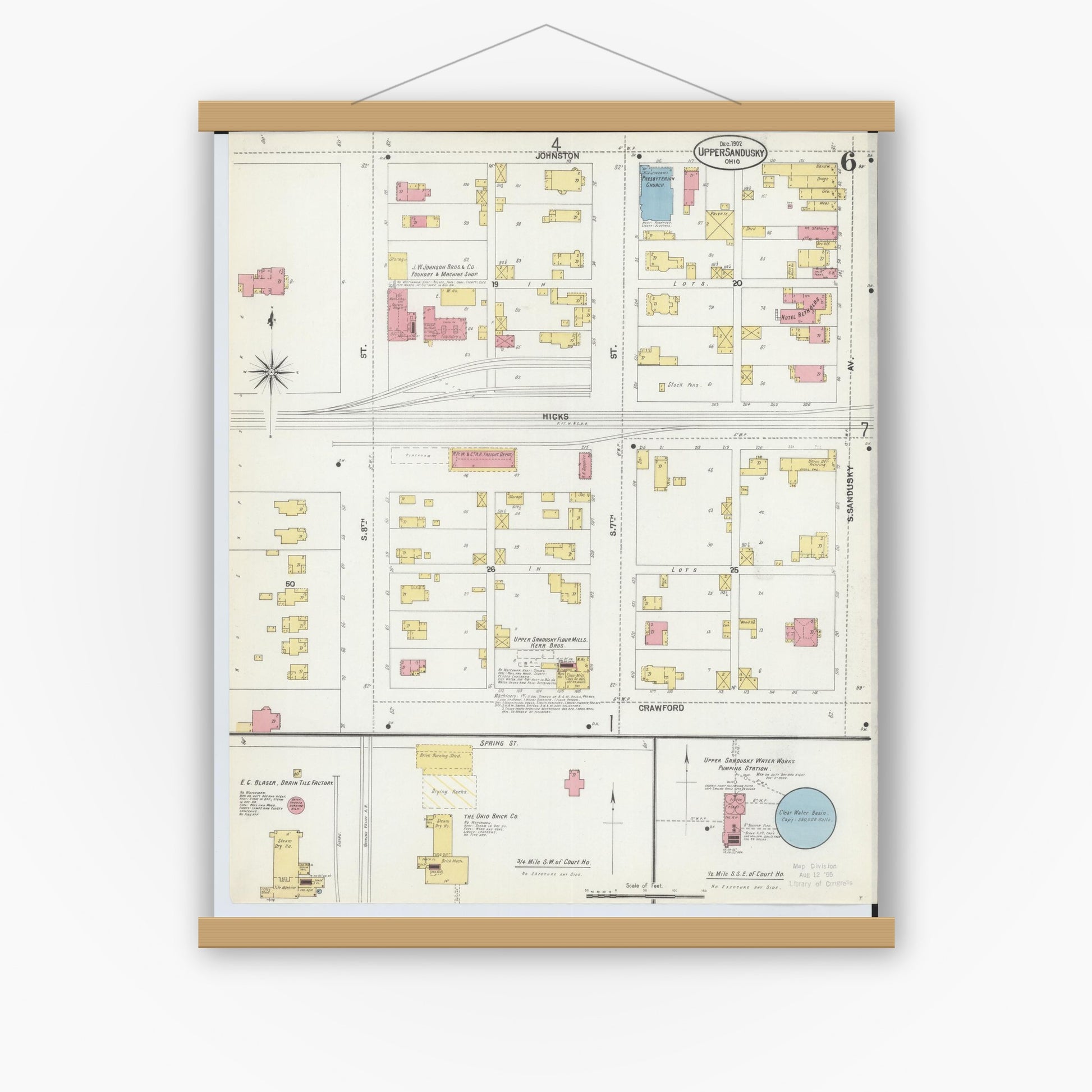 Old map wall art mockup — magnetic wood frame on white wall — Sanborn Fire Insurance Map from Upper Sandusky, Wyandot County, Ohio (1902), Sheet #0006