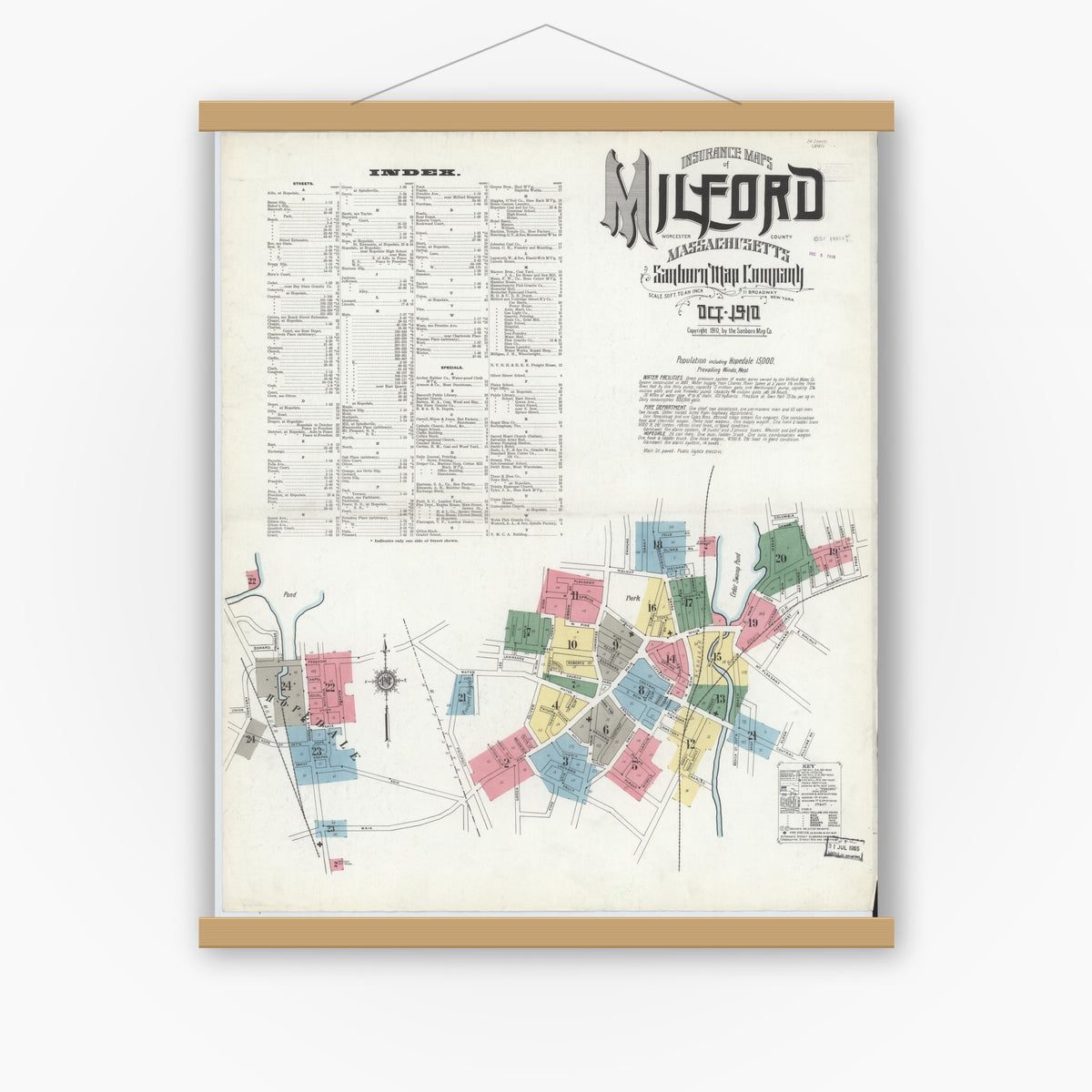Old map wall art mockup — magnetic wood frame on white wall — Sanborn Fire Insurance Map from Milford, Worcester County, Massachusetts (1910) - Complete Map Set