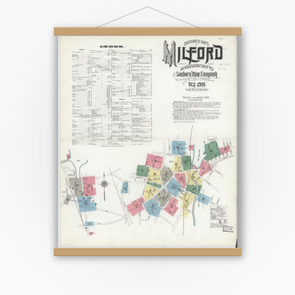 Old map wall art mockup — magnetic wood frame on white wall — Sanborn Fire Insurance Map from Milford, Worcester County, Massachusetts (1910) - Complete Map Set