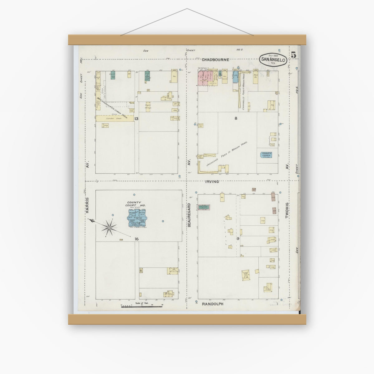 Old map wall art mockup — magnetic wood frame on white wall — Sanborn Fire Insurance Map from San Angelo, Tom Green County, Texas (1889), Sheet #0005