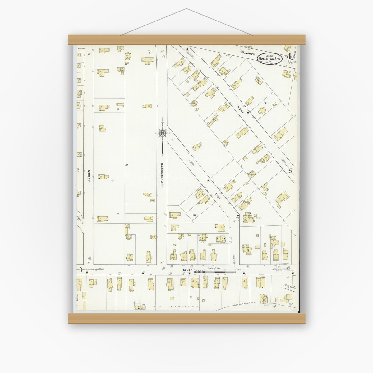 Old map wall art mockup — magnetic wood frame on white wall — Sanborn Fire Insurance Map from Ballston Spa, Saratoga County, New York (1911), Sheet #0004