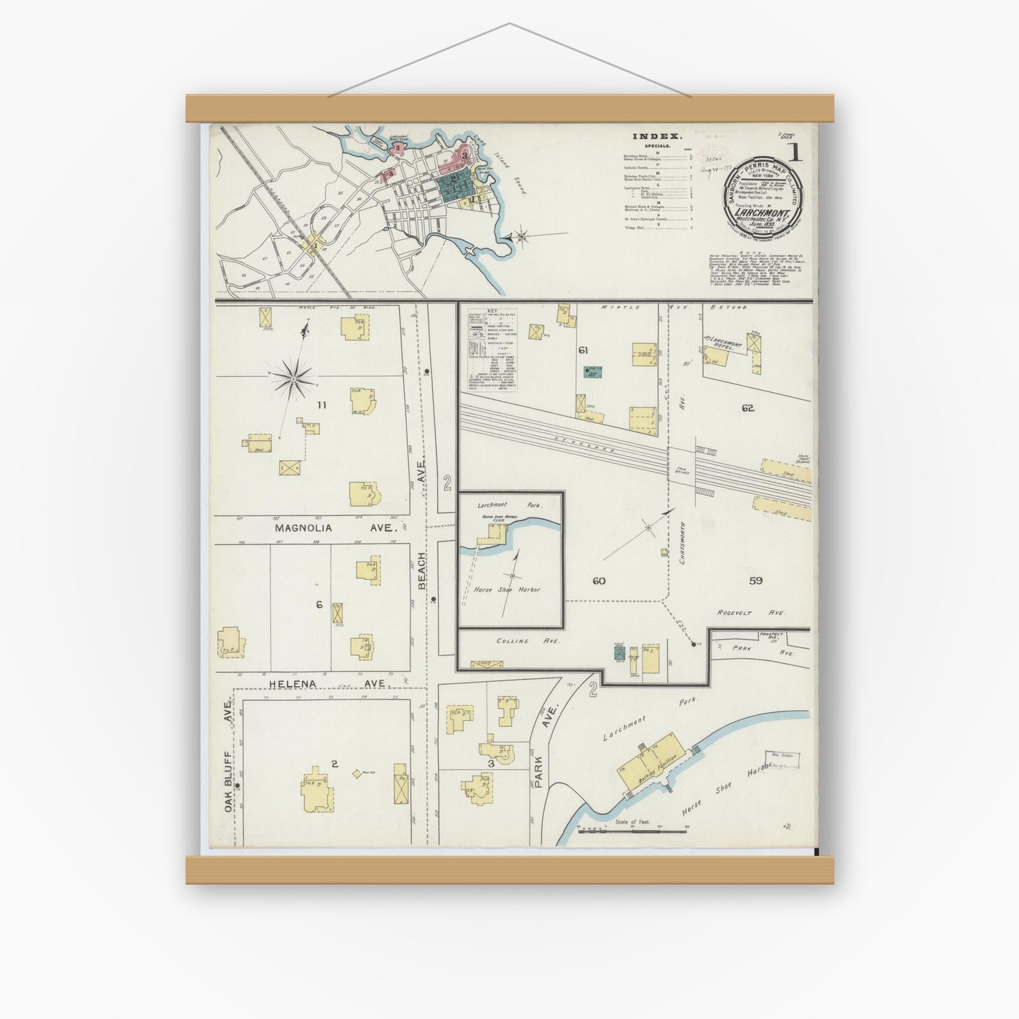 Old map wall art mockup — magnetic wood frame on white wall — Sanborn Fire Insurance Map from Larchmont, Westchester County, New York (1893), Sheet #0001