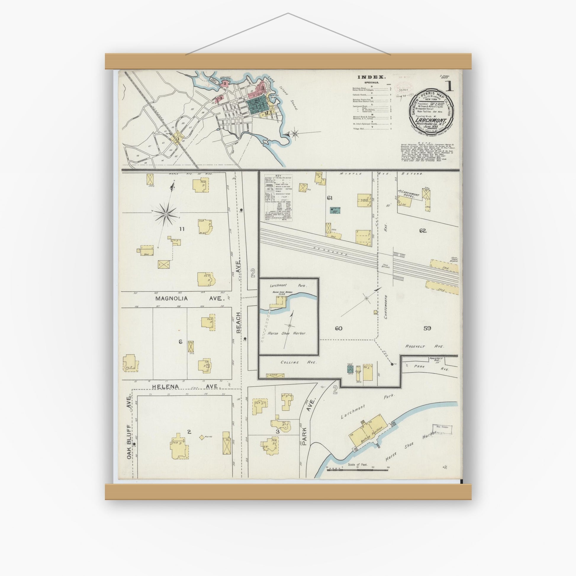 Old map wall art mockup — magnetic wood frame on white wall — Sanborn Fire Insurance Map from Larchmont, Westchester County, New York (1893), Sheet #0001
