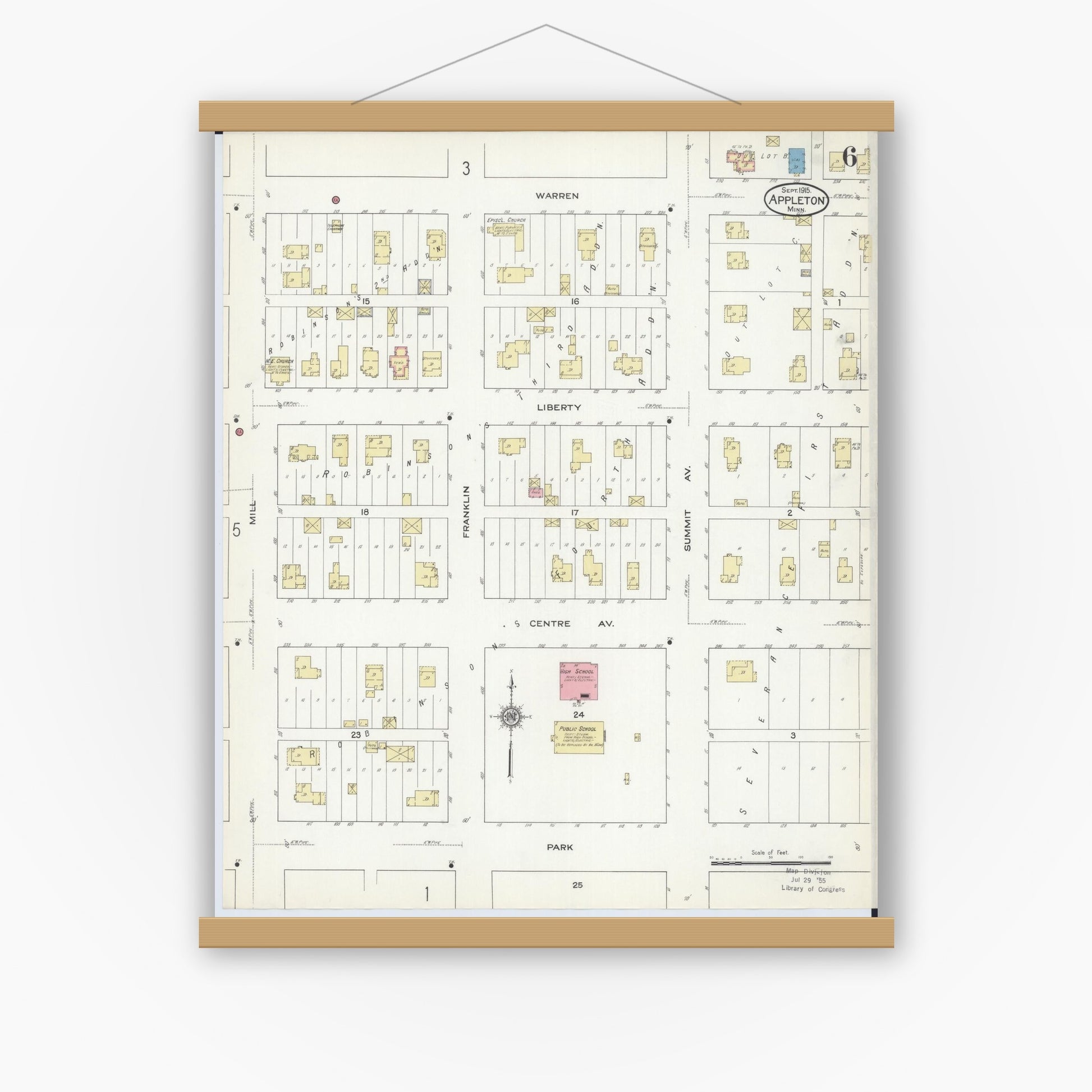 Old map wall art mockup — magnetic wood frame on white wall — Sanborn Fire Insurance Map from Appleton, Swift County, Minnesota (1915), Sheet #0006