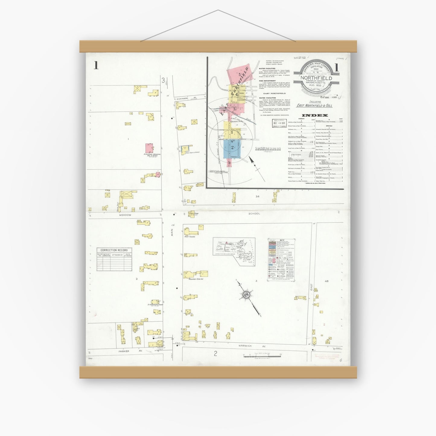 Old map wall art mockup — magnetic wood frame on white wall — Sanborn Fire Insurance Map from Northfield, Franklin County, Massachusetts (1933) - Complete Map Set