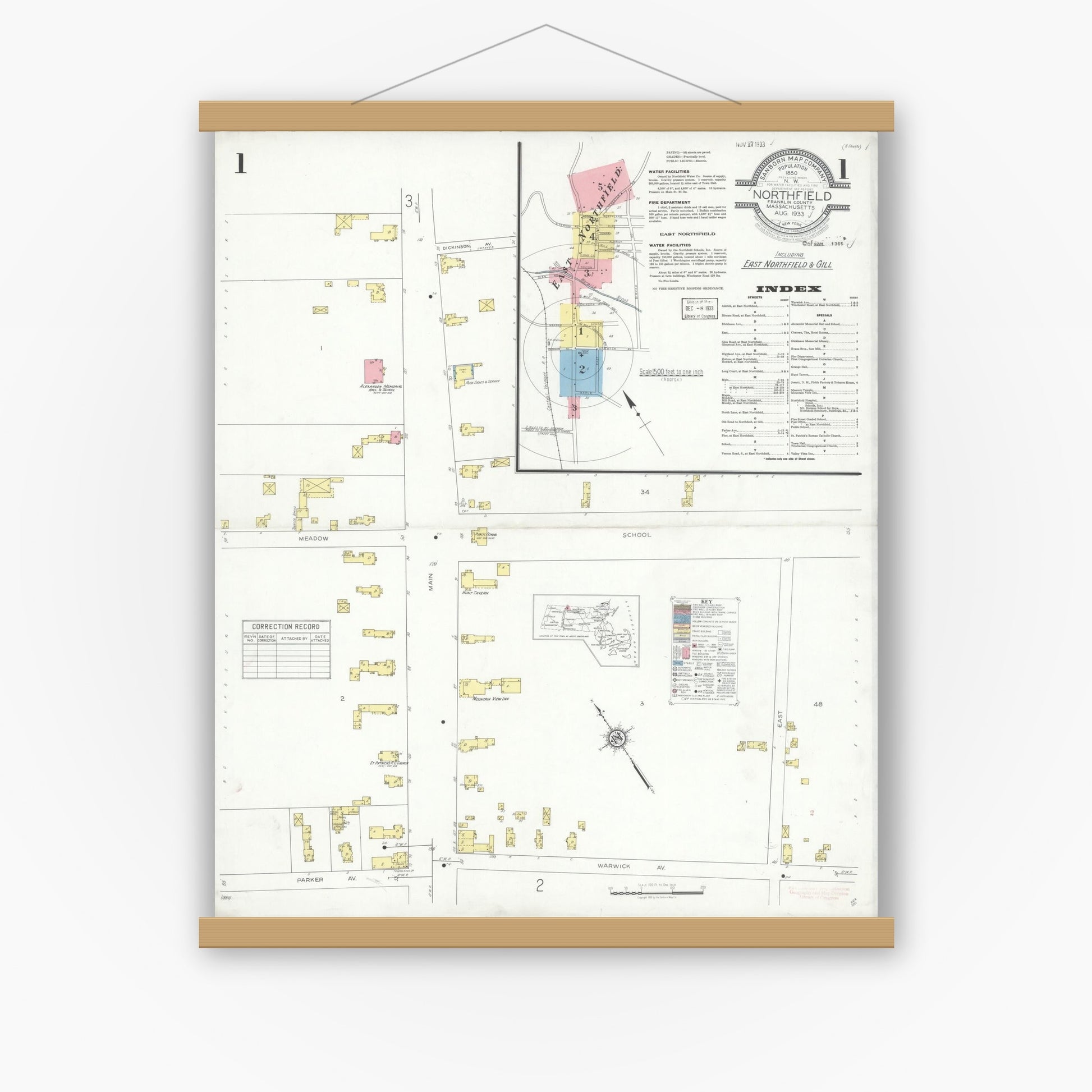 Old map wall art mockup — magnetic wood frame on white wall — Sanborn Fire Insurance Map from Northfield, Franklin County, Massachusetts (1933) - Complete Map Set
