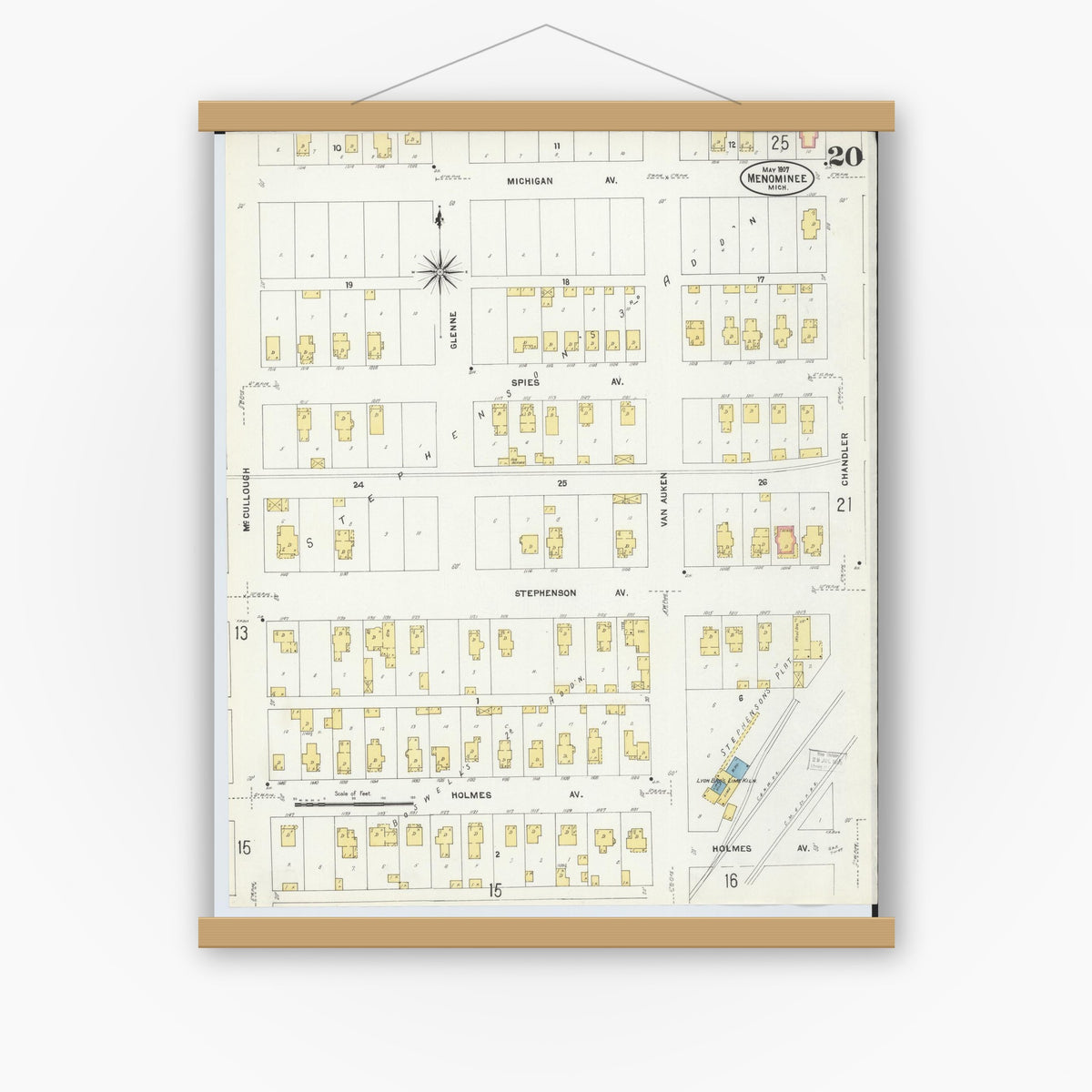 Old map wall art mockup — magnetic wood frame on white wall — Sanborn Fire Insurance Map from Menominee, Menominee County, Michigan (1907), Sheet #0020