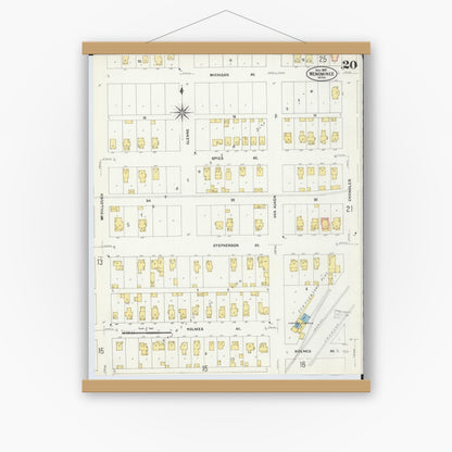 Old map wall art mockup — magnetic wood frame on white wall — Sanborn Fire Insurance Map from Menominee, Menominee County, Michigan (1907), Sheet #0020