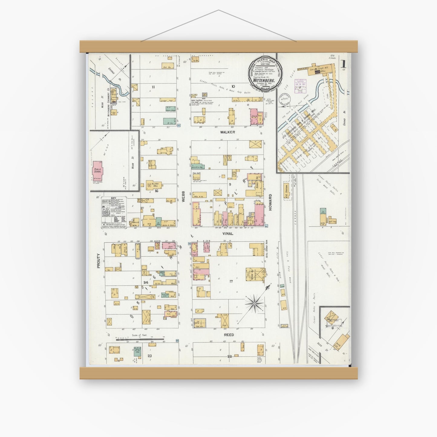 Old map wall art mockup — magnetic wood frame on white wall — Sanborn Fire Insurance Map from Wittenberg, Shawano County, Wisconsin (1901) - Complete Map Set