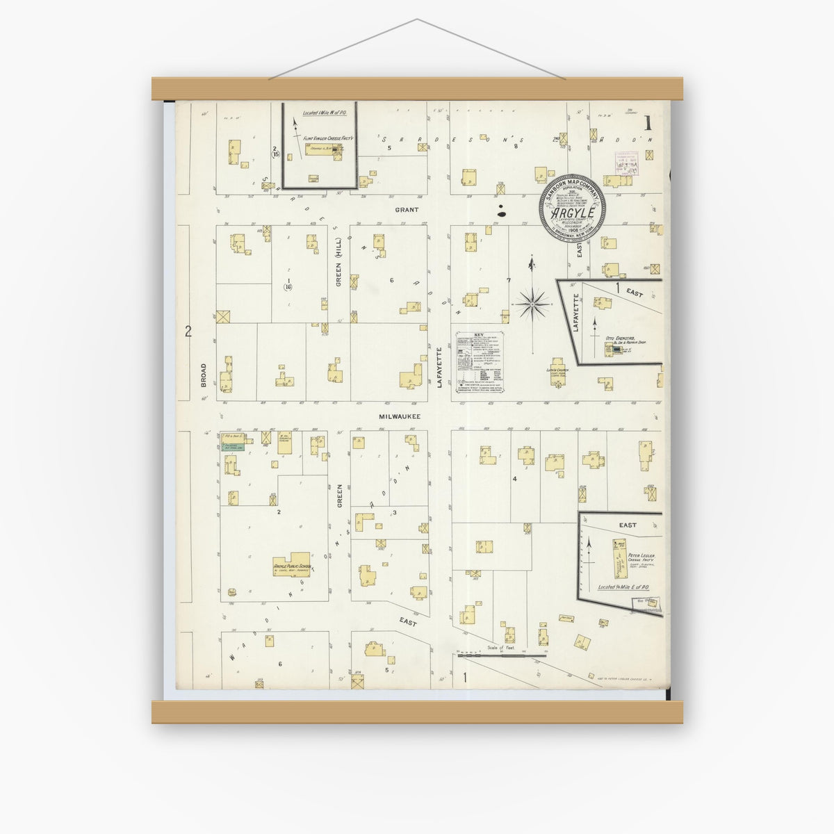 Old map wall art mockup — magnetic wood frame on white wall — Sanborn Fire Insurance Map from Argyle, Lafayette County, Wisconsin (1908) - Complete Map Set