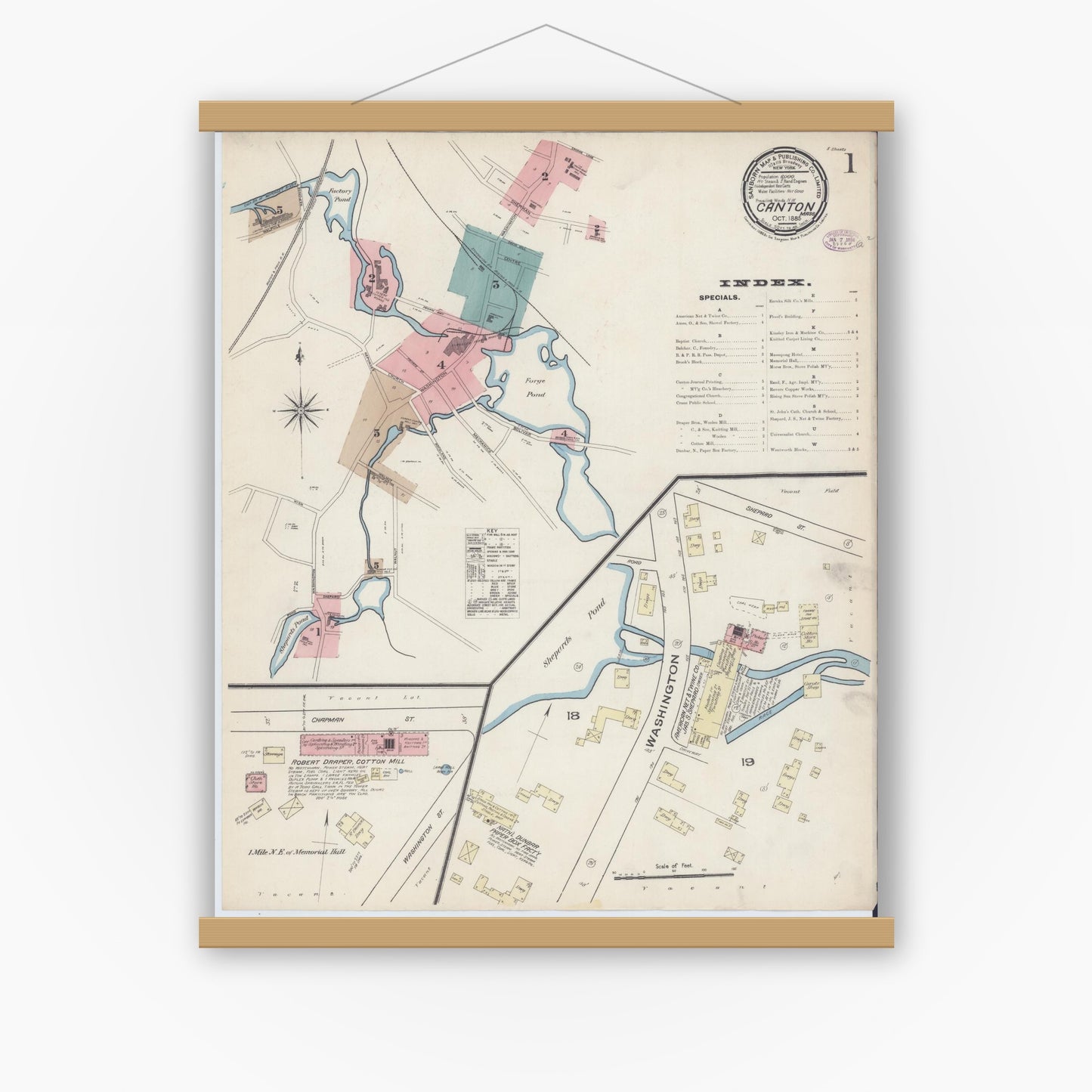 Old map wall art mockup — magnetic wood frame on white wall — Sanborn Fire Insurance Map from Canton, Norfolk County, Massachusetts (1885) - Complete Map Set