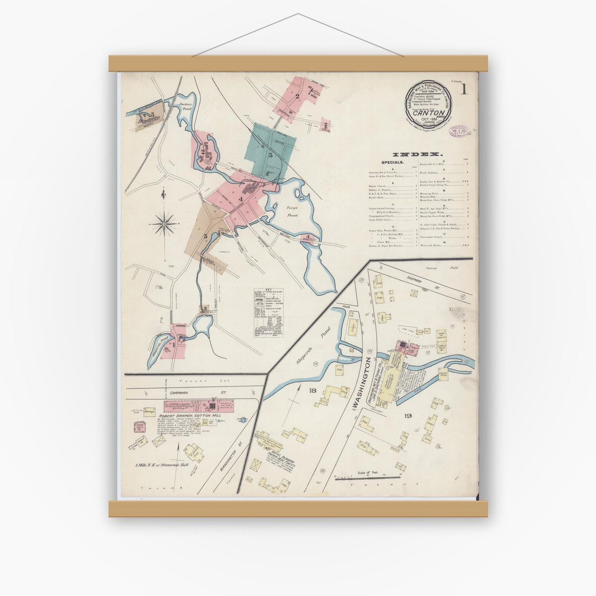 Old map wall art mockup — magnetic wood frame on white wall — Sanborn Fire Insurance Map from Canton, Norfolk County, Massachusetts (1885) - Complete Map Set