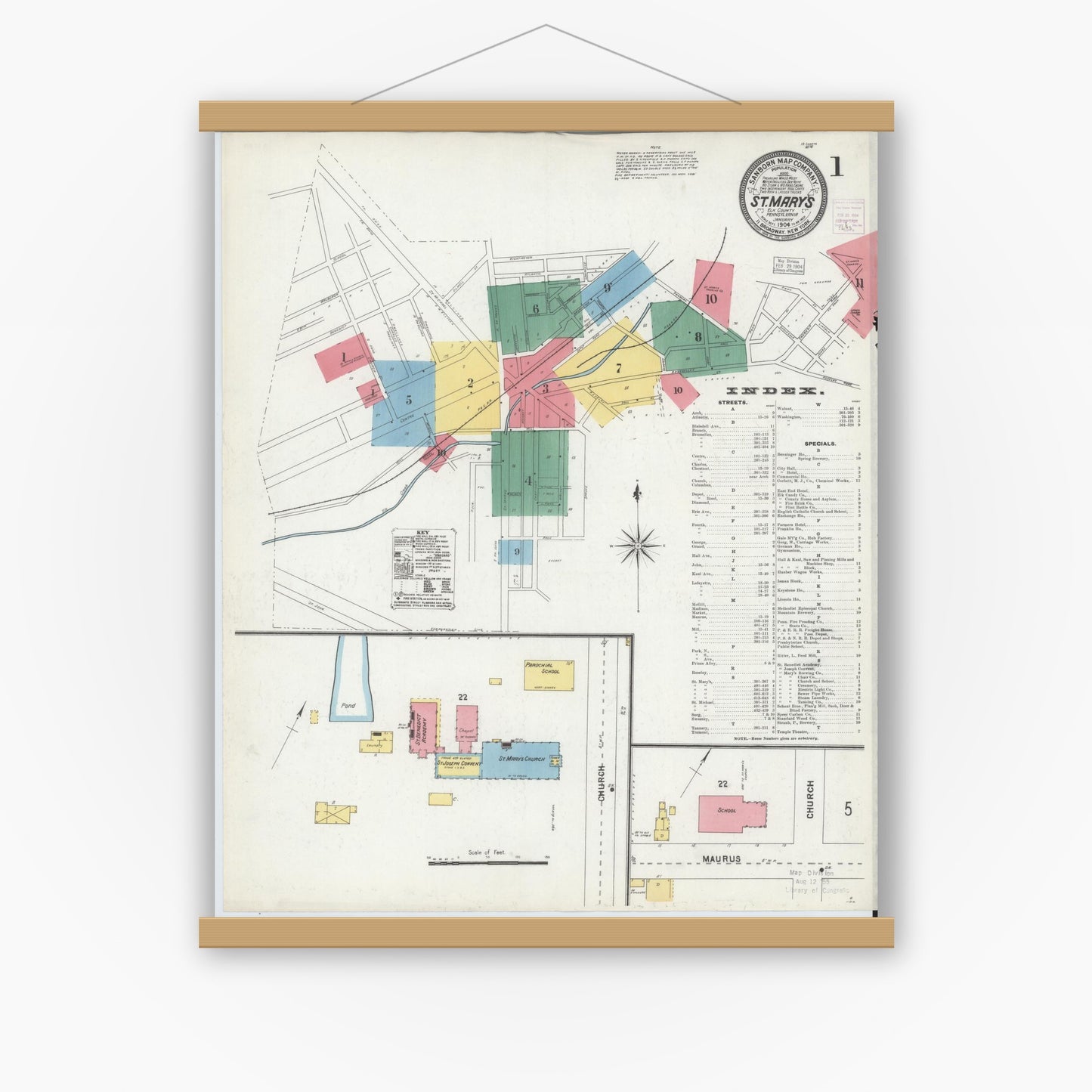 Old map wall art mockup — magnetic wood frame on white wall — Sanborn Fire Insurance Map from Saint Marys, Elk County, Pennsylvania (1904) - Complete Map Set