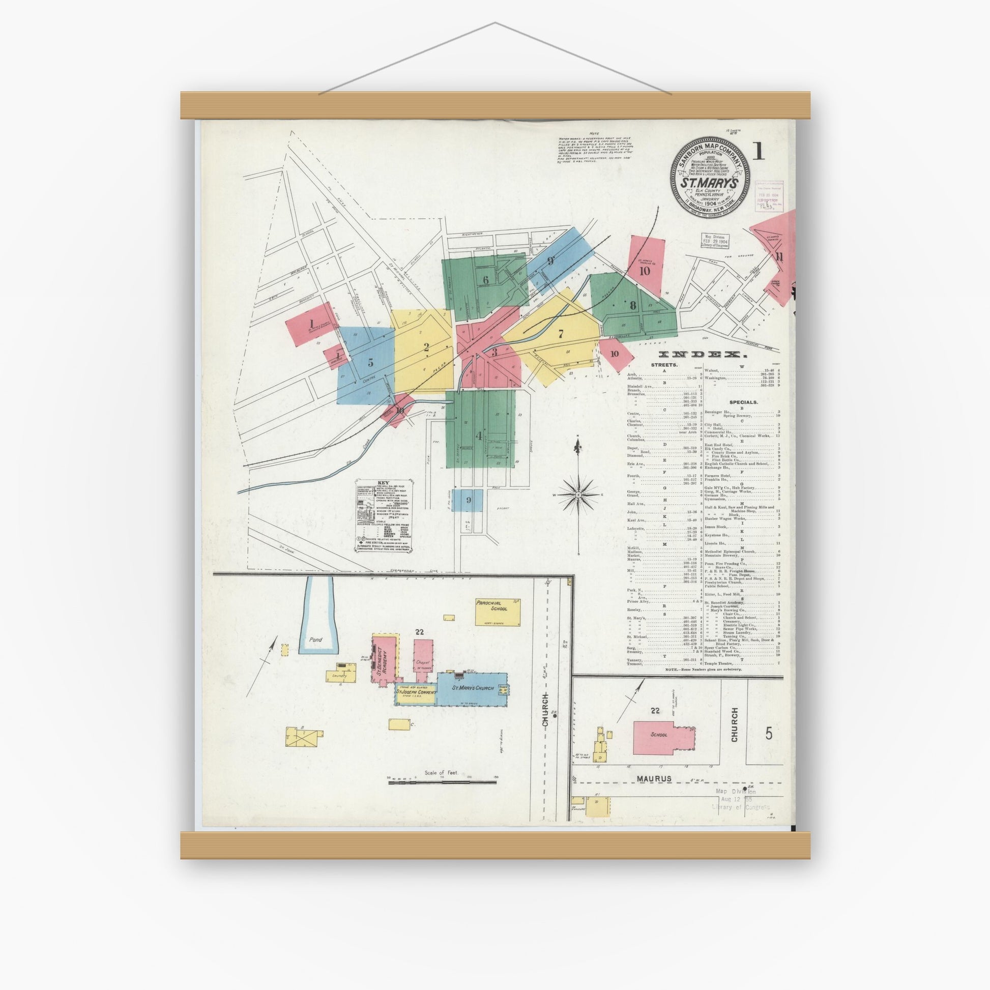 Old map wall art mockup — magnetic wood frame on white wall — Sanborn Fire Insurance Map from Saint Marys, Elk County, Pennsylvania (1904) - Complete Map Set