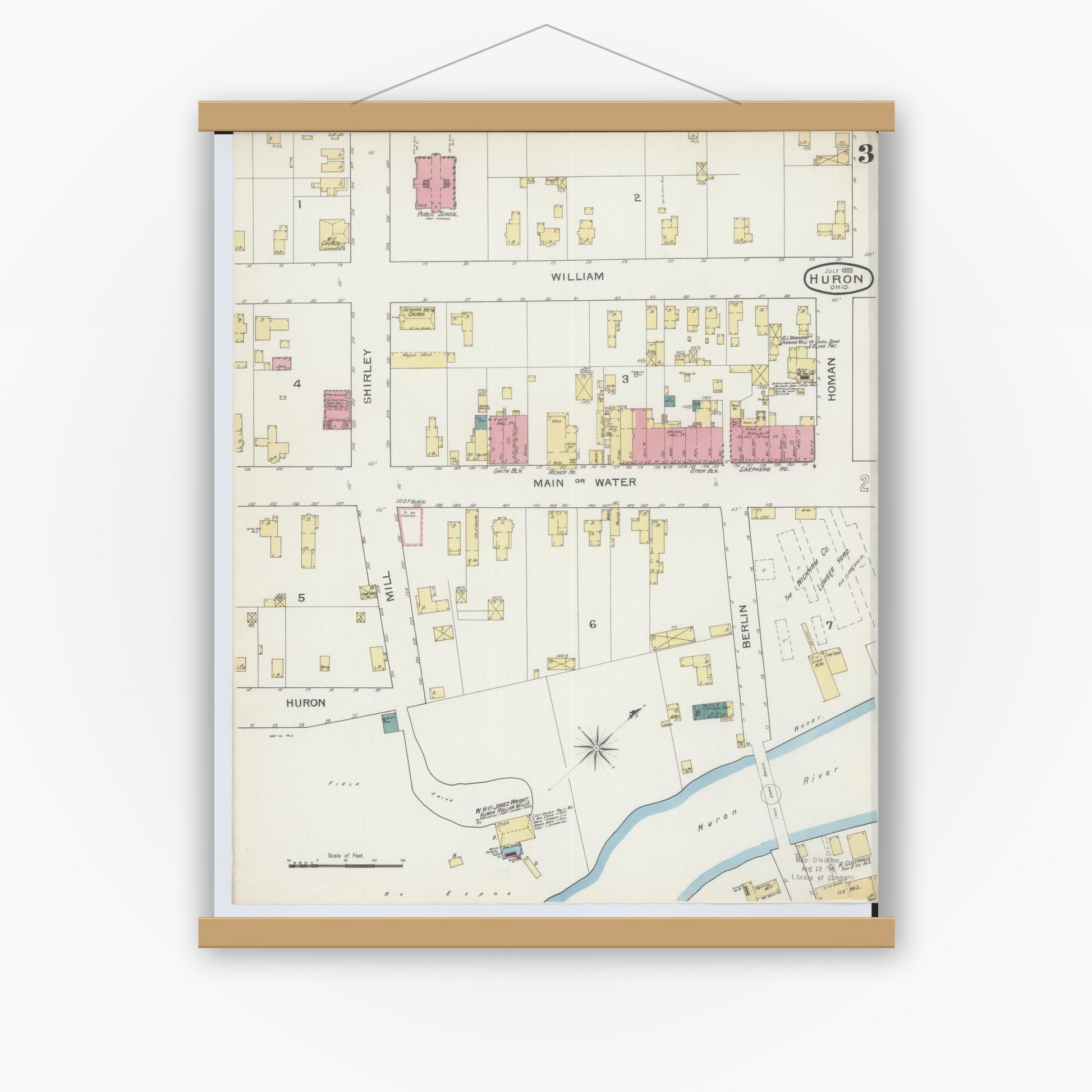 Old map wall art mockup — magnetic wood frame on white wall — Sanborn Fire Insurance Map from Huron, Erie County, Ohio (1893), Sheet #0003