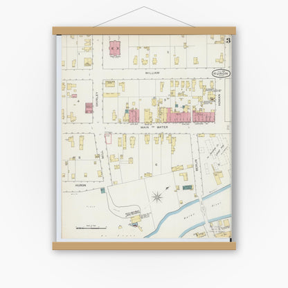 Old map wall art mockup — magnetic wood frame on white wall — Sanborn Fire Insurance Map from Huron, Erie County, Ohio (1893), Sheet #0003