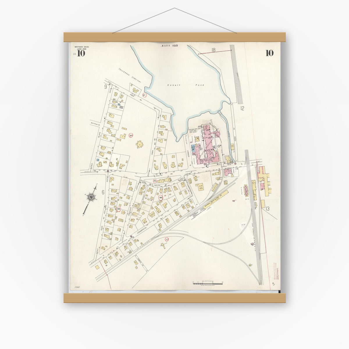 Old map wall art mockup — magnetic wood frame on white wall — Sanborn Fire Insurance Map from Whitman, Plymouth County, Massachusetts (1950), Sheet #0010