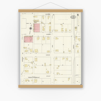 Old map wall art mockup — magnetic wood frame on white wall — Sanborn Fire Insurance Map from Gilmer, Upshur County, Texas (1912), Sheet #0006