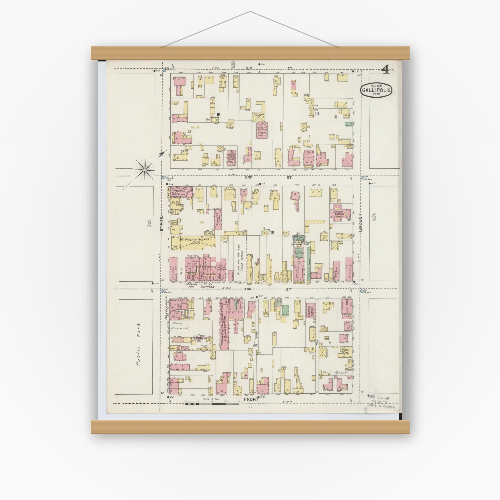 Old map wall art mockup — magnetic wood frame on white wall — Sanborn Fire Insurance Map from Gallipolis, Gallia County, Ohio (1895), Sheet #0004