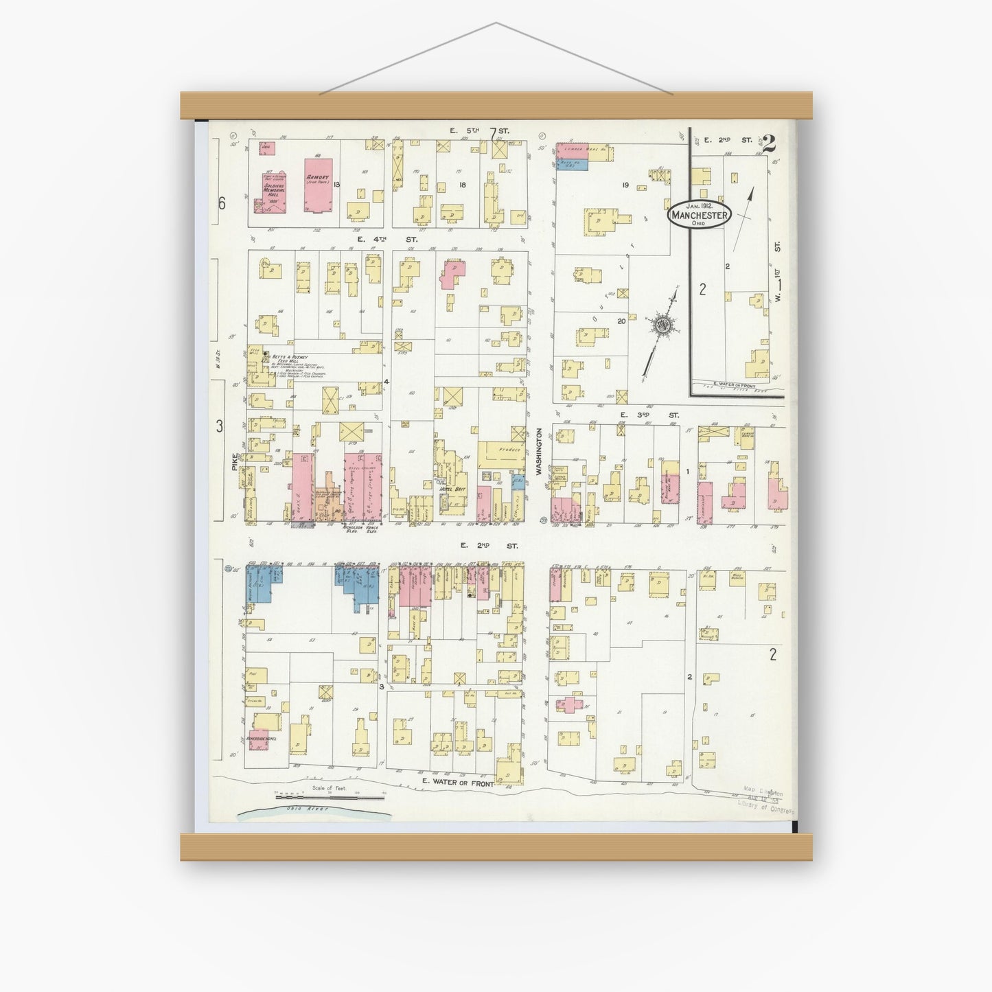 Old map wall art mockup — magnetic wood frame on white wall — Sanborn Fire Insurance Map from Manchester, Adams County, Ohio (1912), Sheet #0002