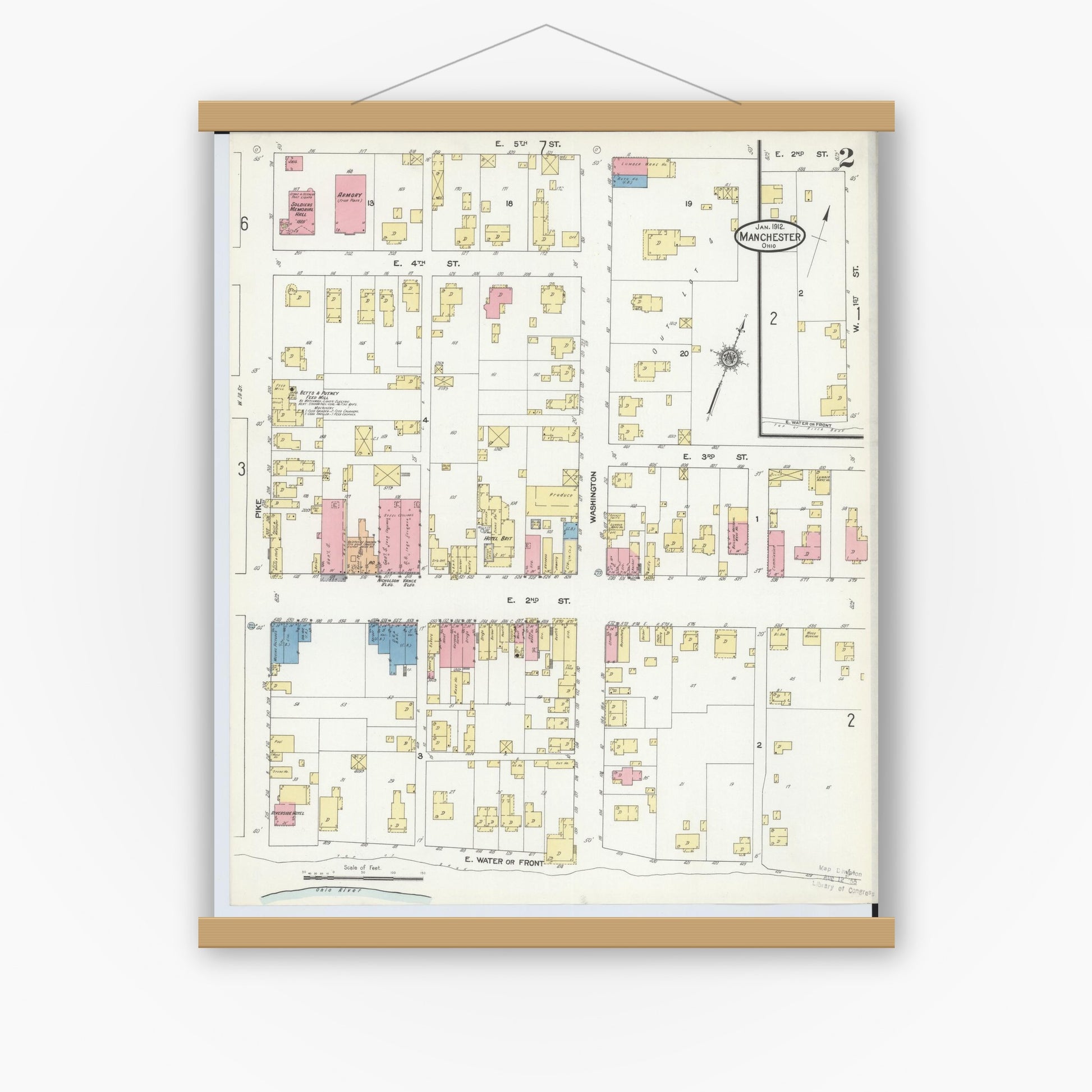 Old map wall art mockup — magnetic wood frame on white wall — Sanborn Fire Insurance Map from Manchester, Adams County, Ohio (1912), Sheet #0002