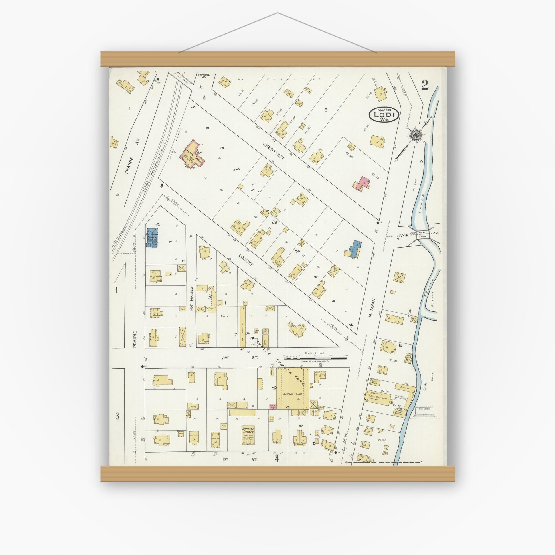 Old map wall art mockup — magnetic wood frame on white wall — Sanborn Fire Insurance Map from Lodi, Columbia County, Wisconsin (1919), Sheet #0002