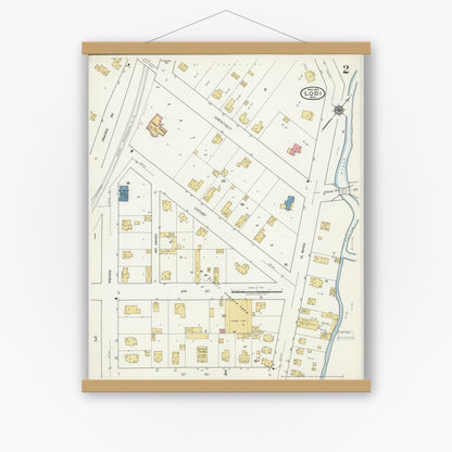 Old map wall art mockup — magnetic wood frame on white wall — Sanborn Fire Insurance Map from Lodi, Columbia County, Wisconsin (1919), Sheet #0002