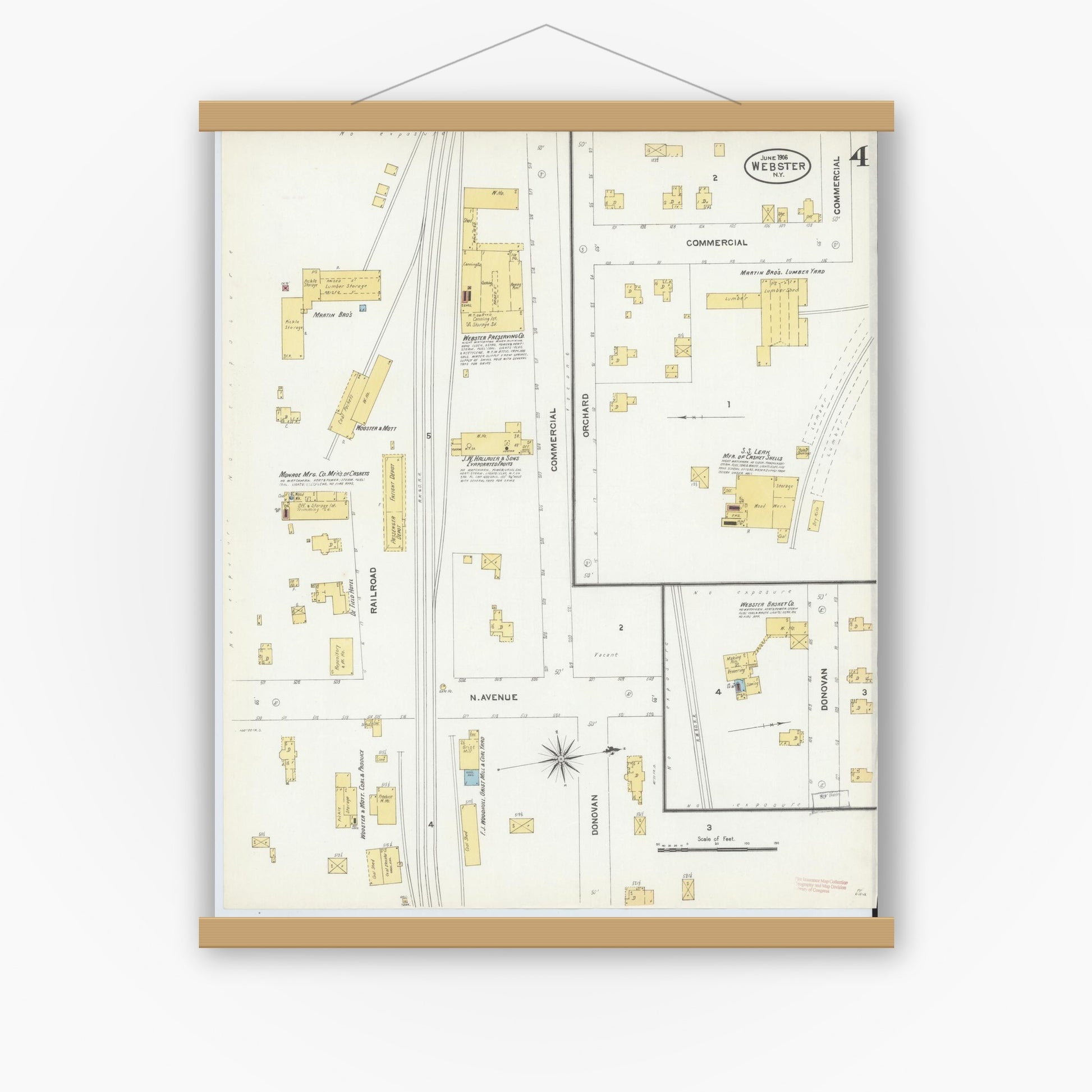 Old map wall art mockup — magnetic wood frame on white wall — Sanborn Fire Insurance Map from Webster, Monroe County, New York (1906), Sheet #0004