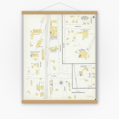 Old map wall art mockup — magnetic wood frame on white wall — Sanborn Fire Insurance Map from Webster, Monroe County, New York (1906), Sheet #0004