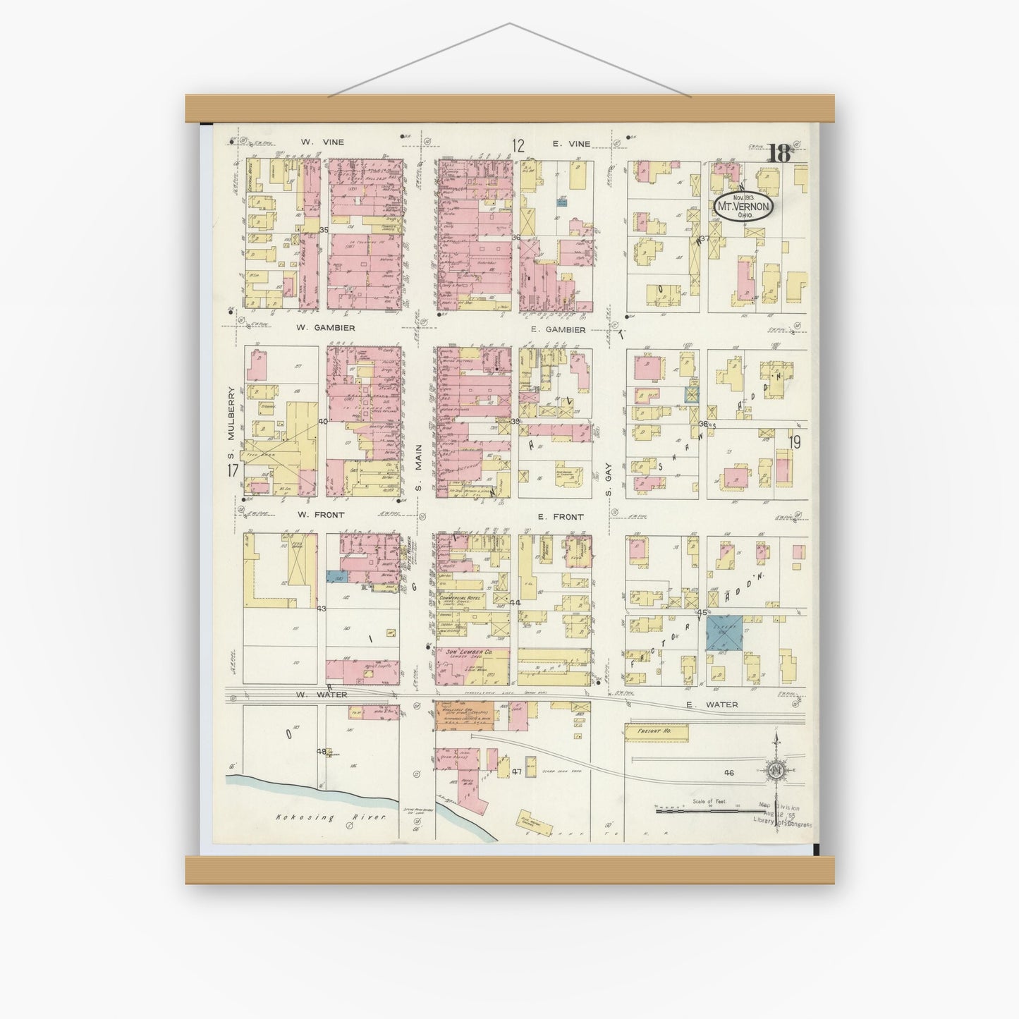 Old map wall art mockup — magnetic wood frame on white wall — Sanborn Fire Insurance Map from Mount Vernon, Knox County, Ohio (1913), Sheet #0018