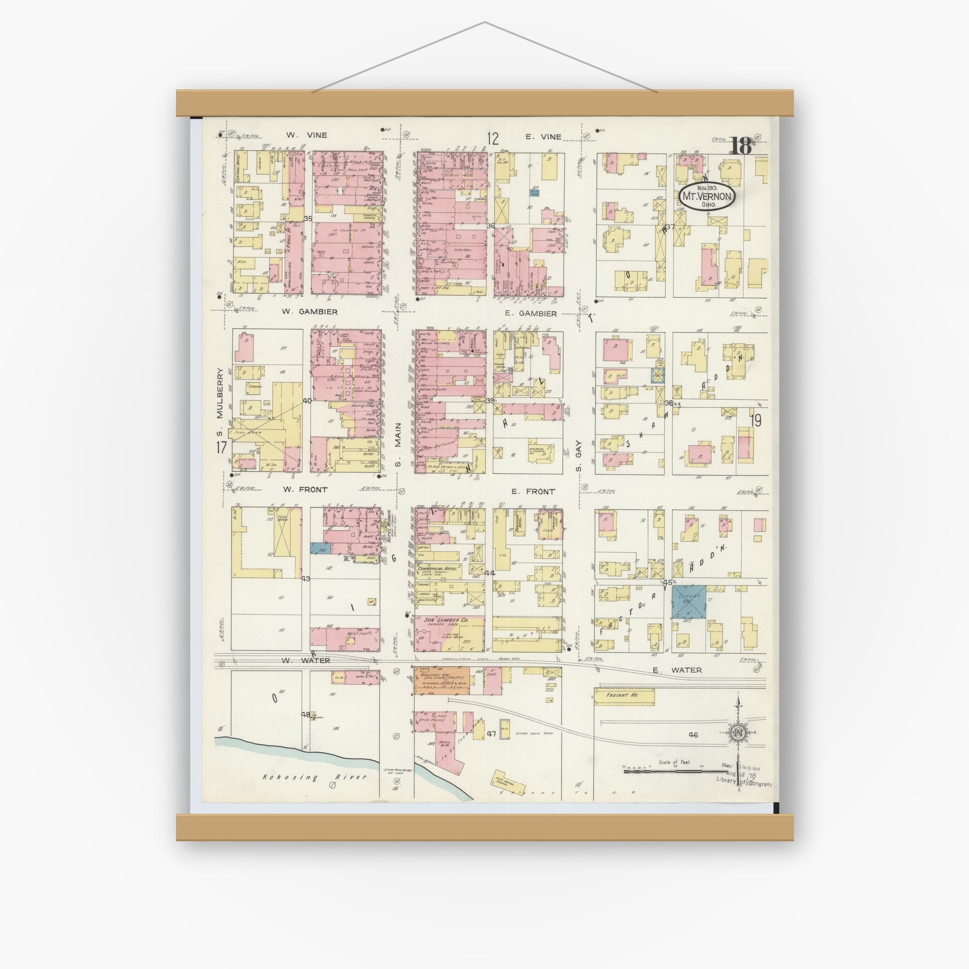 Old map wall art mockup — magnetic wood frame on white wall — Sanborn Fire Insurance Map from Mount Vernon, Knox County, Ohio (1913), Sheet #0018